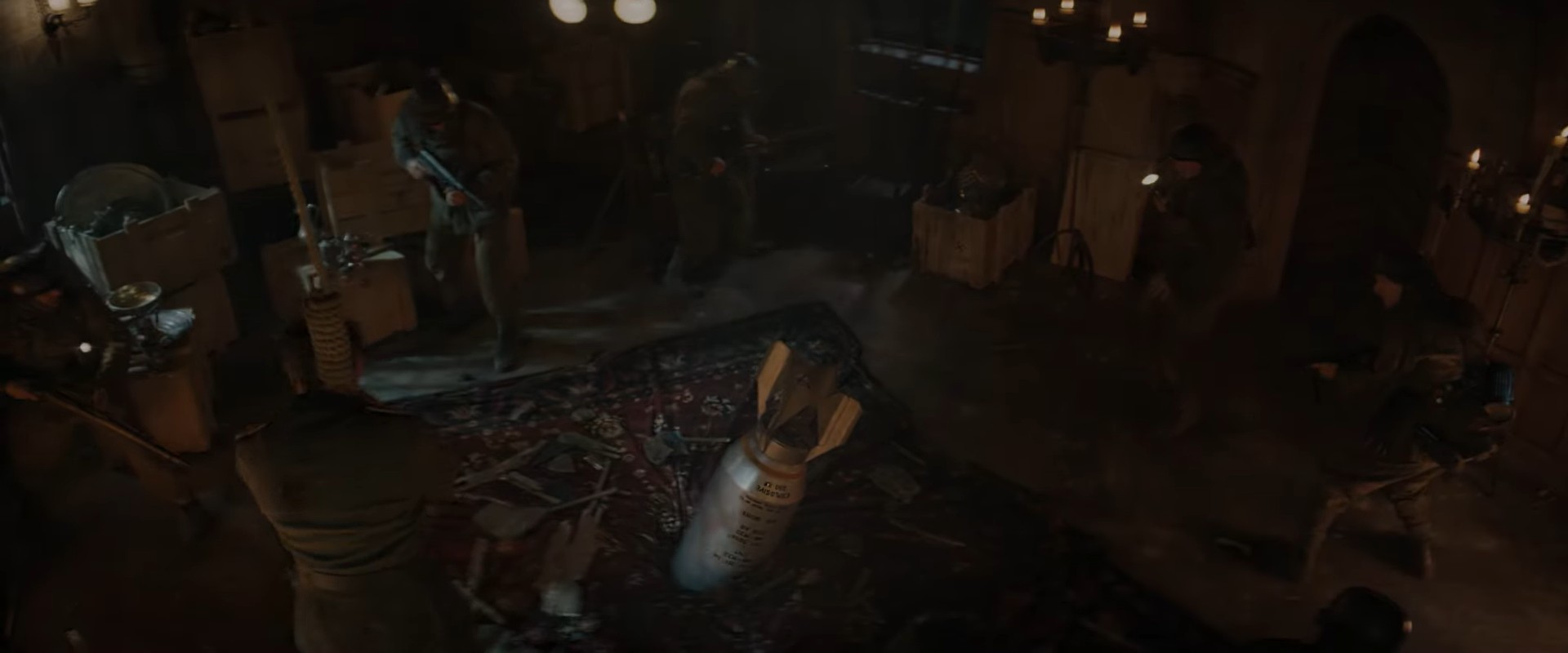 Indiana Jones hanging with bomb on the carpet floor